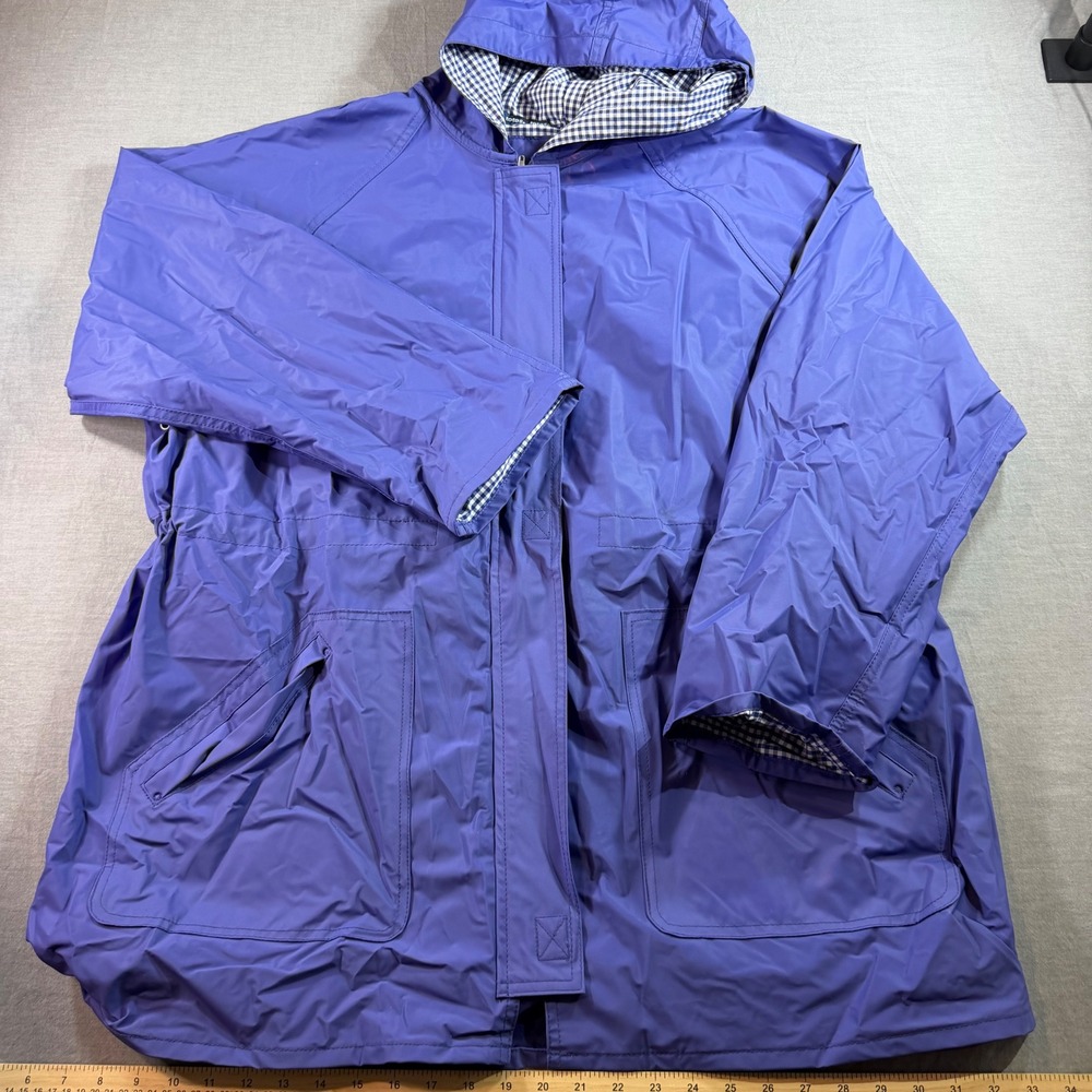 Totes Rain Jacket Women XL Purple Excellent Hooded Gingham Lined PVC Coat
